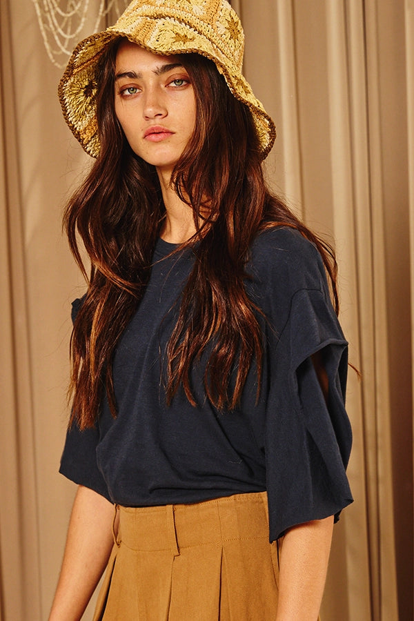 Short Irregular Sleeves Solid Oversize Top (navy)