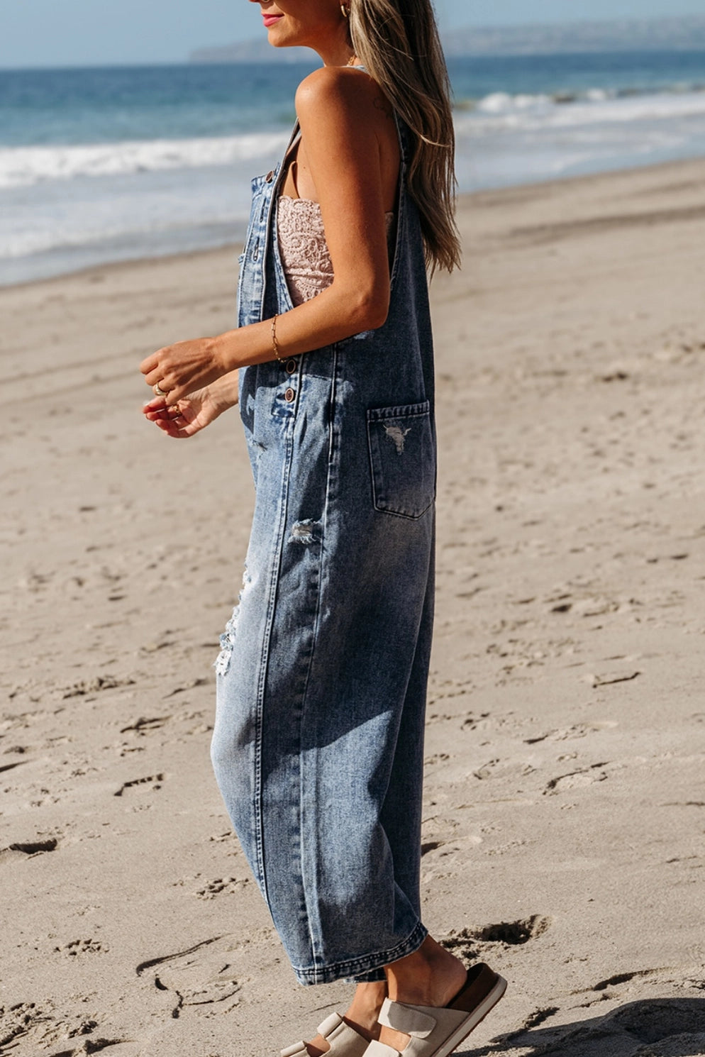 Distressed Wide Leg Capri Denim Overall