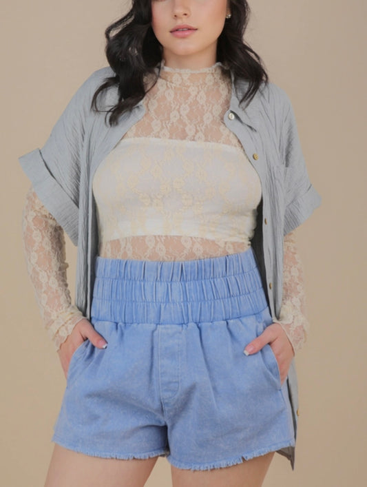 Blue high waist twill shorts