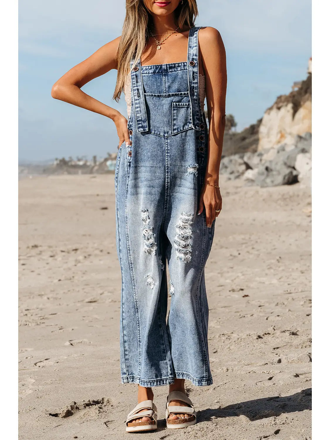 Distressed Wide Leg Capri Denim Overall