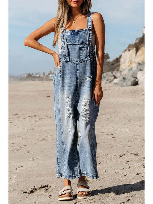 Distressed Wide Leg Capri Denim Overall