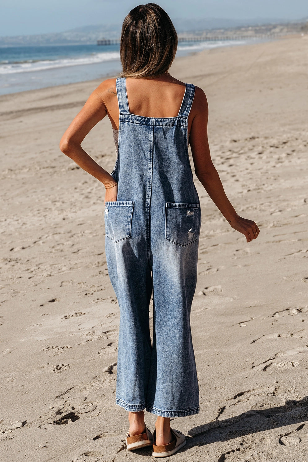 Distressed Wide Leg Capri Denim Overall