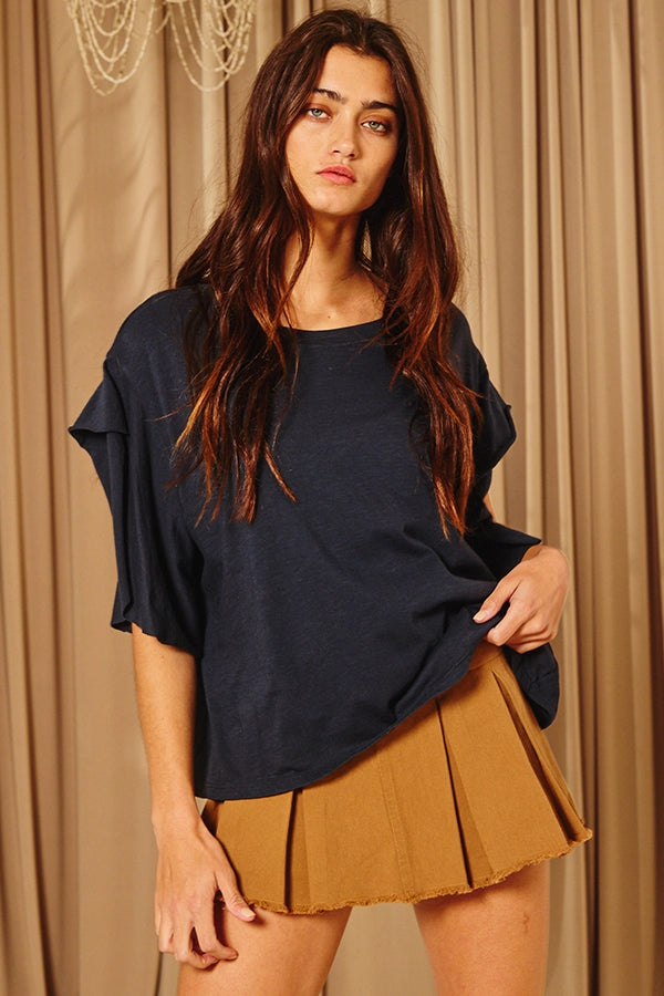 Short Irregular Sleeves Solid Oversize Top (navy)